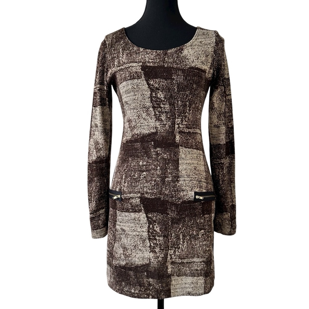 Hello Miss Textured Brown Long Sleeve Mini Dress size M